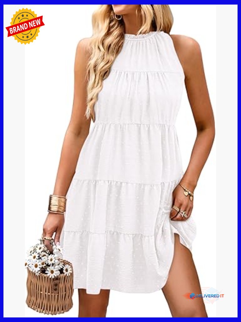 Halter Flowy Babydoll Sundress Tie Belt Sleeveless A-Line Mini